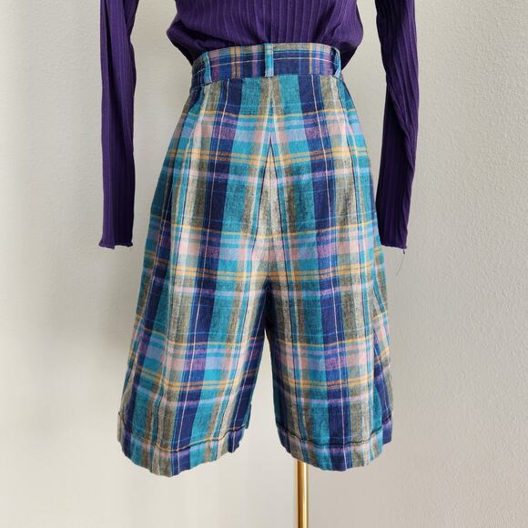 Vintage Fundamental Things Plaid Pleated High Waisted Linen Shorts Teal Purple 2 - Picture 5 of 11